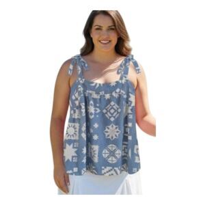 Sonoma Linen Tie Tank Loose Fit XXL Patterned Blue Cream 2X Goods For Life EUC